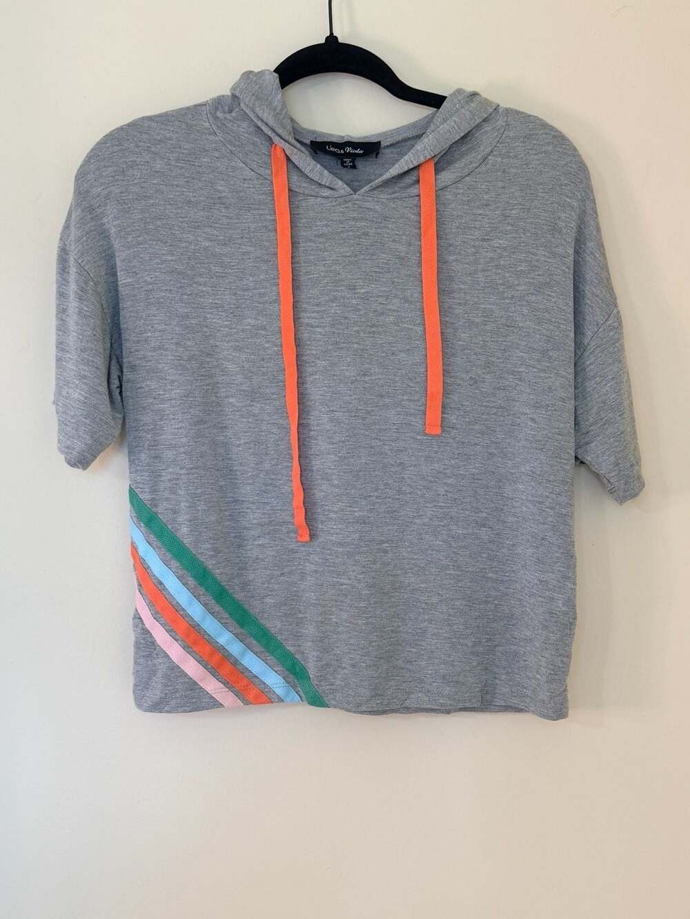 L'ea & Viola Short Sleeve Gray Cropped Hoodie with Rainbow Stripe Detail